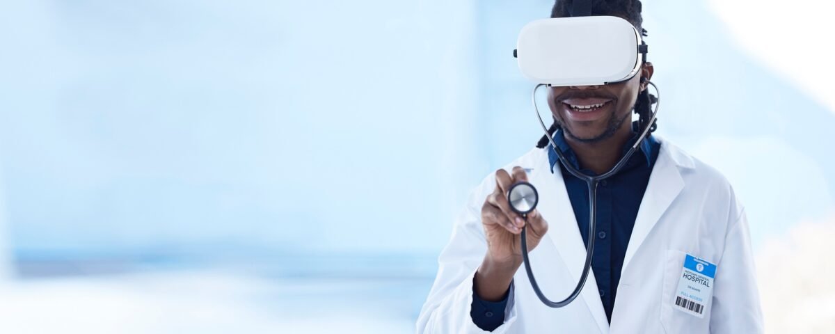 Ai healthcare, checkup and black man with glasses for a metaverse consultation and health app. Mock