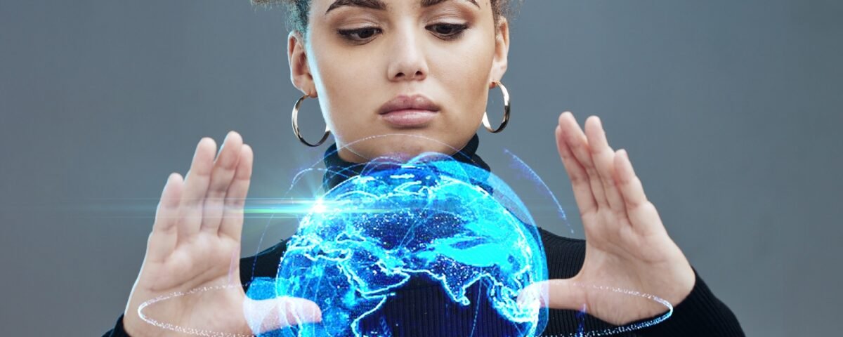 Globe hologram, futuristic tech and woman, technology innovation with future, ai and cyberspace aga