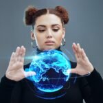 Globe hologram, futuristic tech and woman, technology innovation with future, ai and cyberspace aga