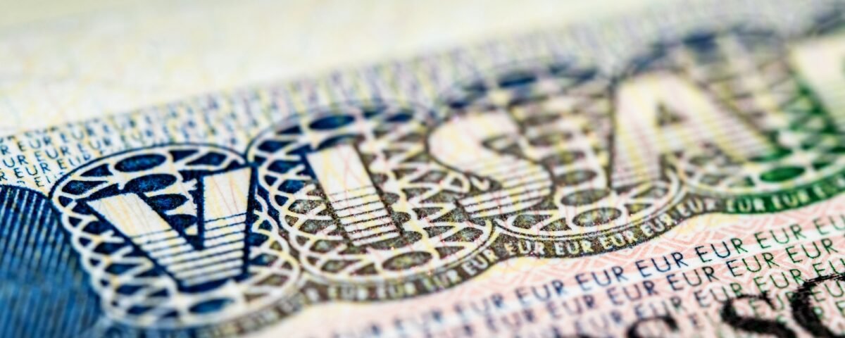 Internationa visa in passport close up view.
