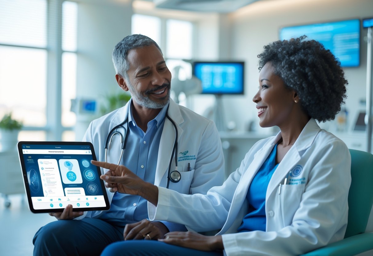 A patient and a medical professional interacting over a tablet in a modern clinic, discussing AI-generated health information.