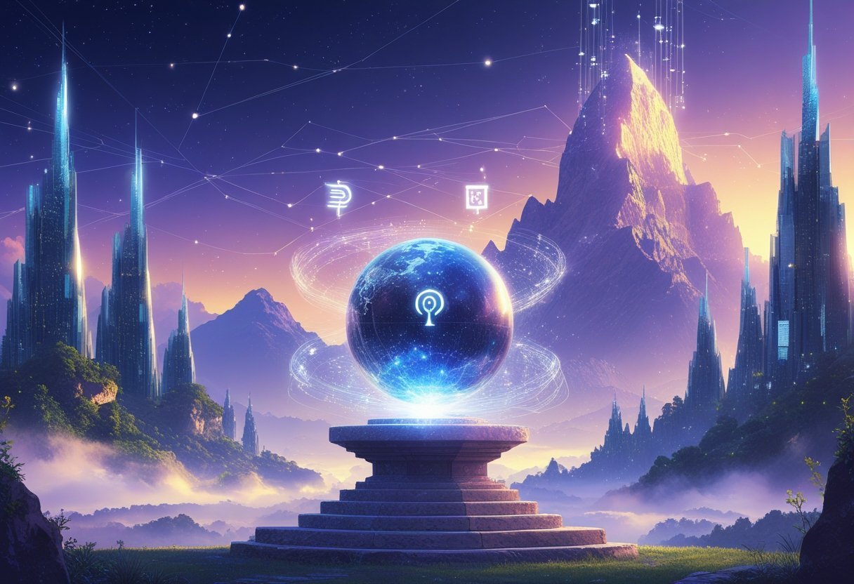 A glowing crystal globe floating above a stone pedestal surrounded by futuristic towers and mystical light in a twilight mountain landscape.