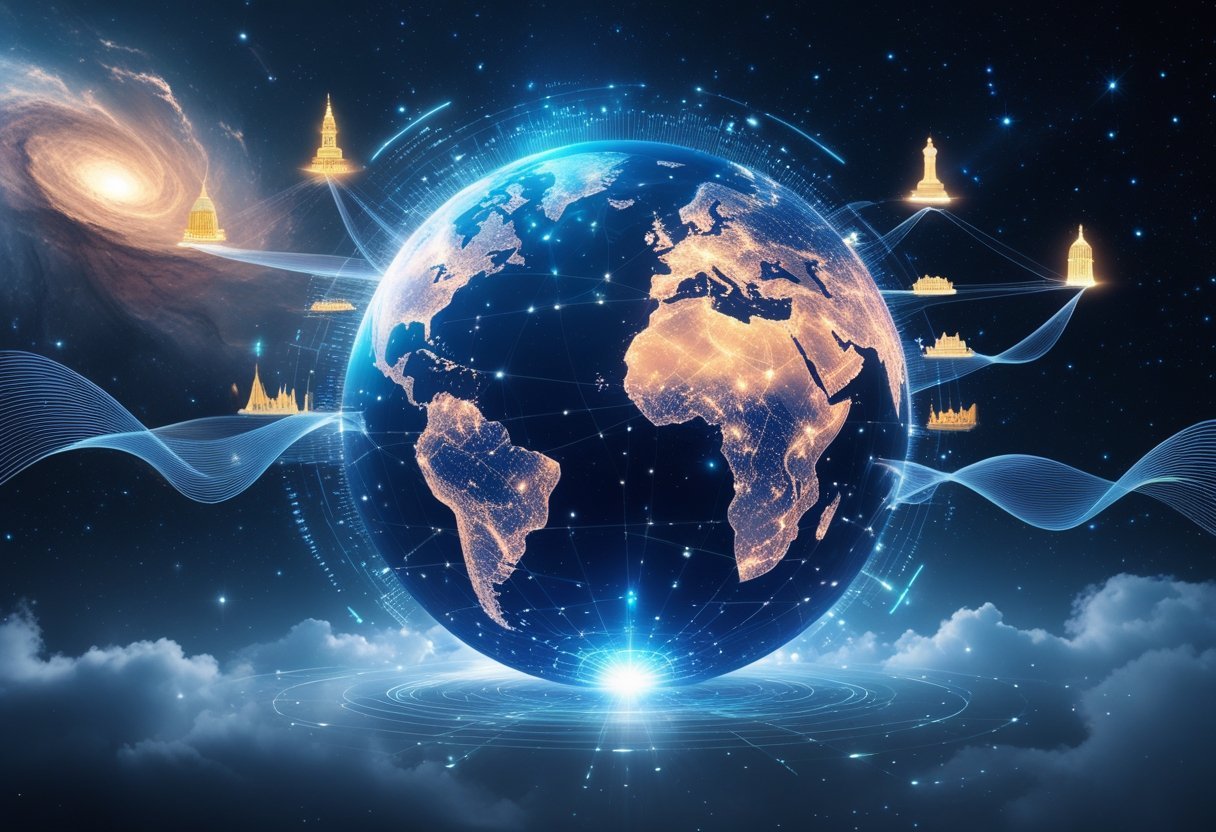 A glowing futuristic globe with digital patterns floating in space, connected by beams of light to landmarks representing countries, with one nation shining brightest at the center.