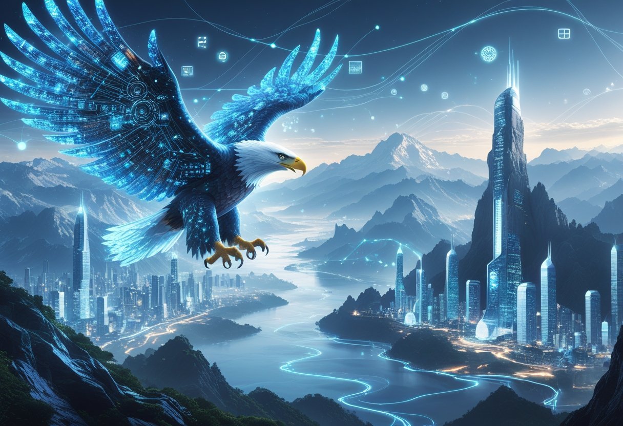 A glowing eagle made of circuits flies over a futuristic city with tall skyscrapers and streams of light flowing through mountains and rivers.