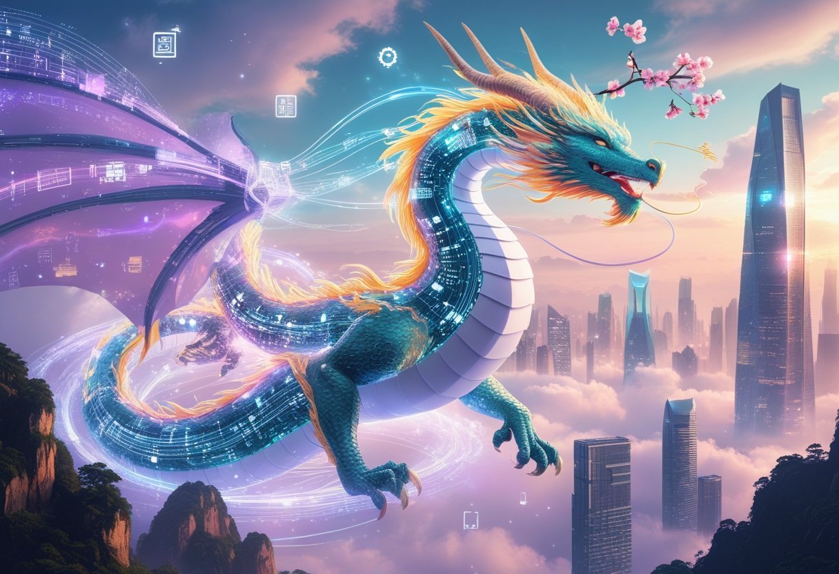 A glowing dragon made of circuits flies over a futuristic city with tall skyscrapers and floating digital symbols, surrounded by soft pastel skies and cherry blossoms.