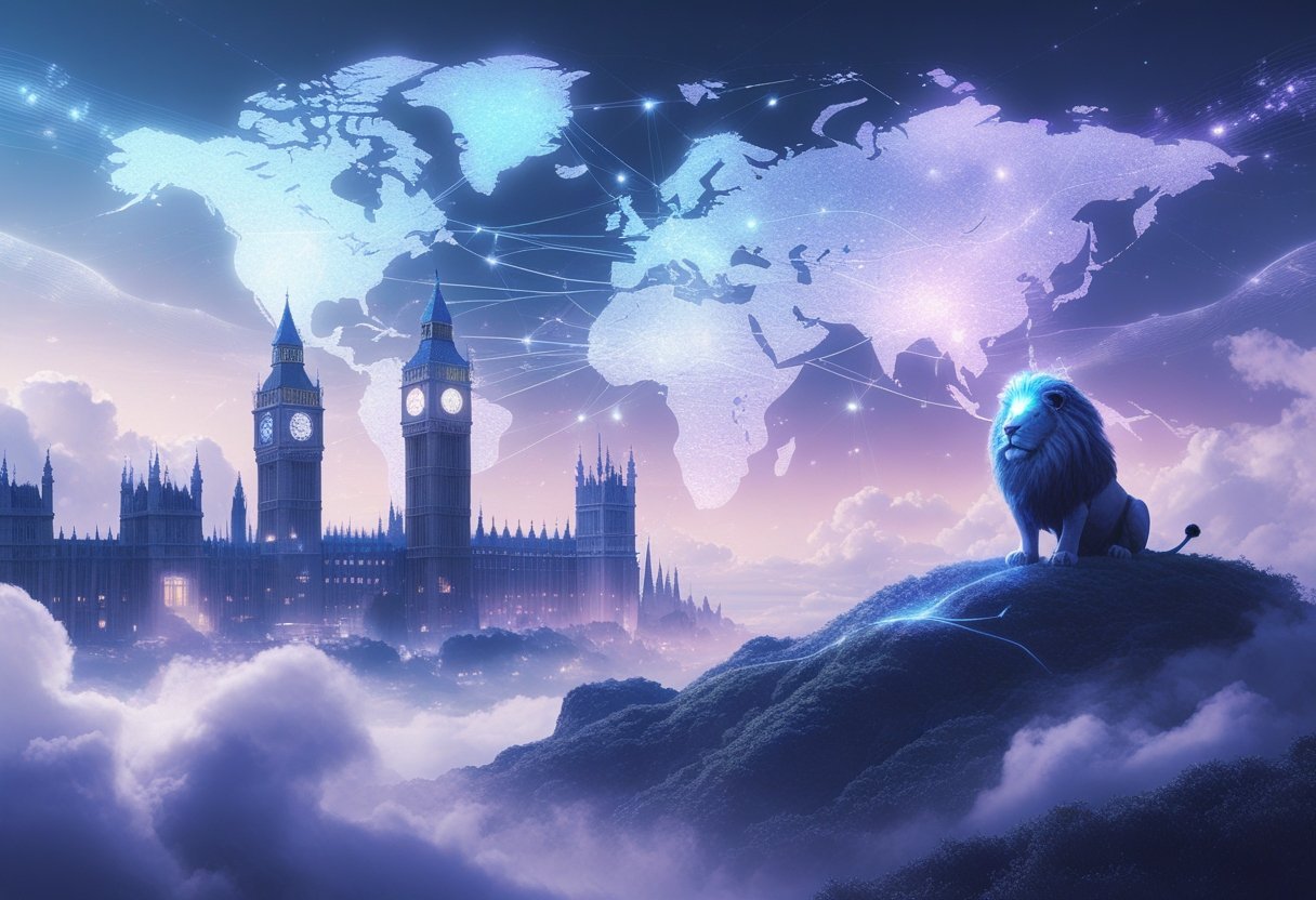 A glowing futuristic city blending historic British buildings and advanced towers beneath a radiant map of Europe, with a majestic lion overlooking the scene.